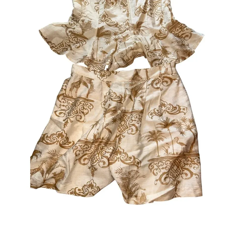 Aakaa 2-Piece Toile Print Peplum Top & Matching Shorts Set Small Resort Coastal